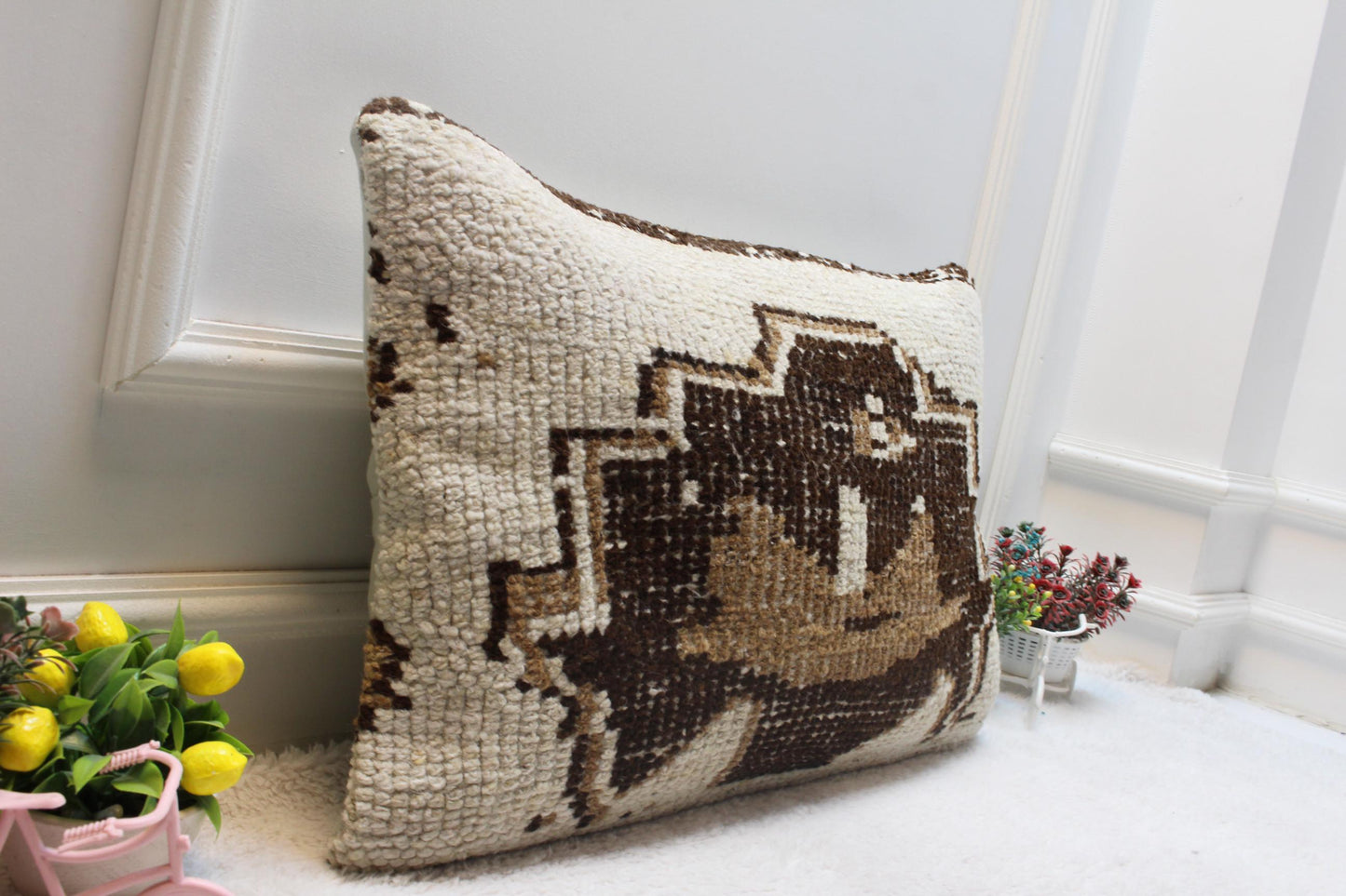 Handmade Kilim Lumbar Pillow Cover: Organic Wool Rug Pillow (16x24 inc)