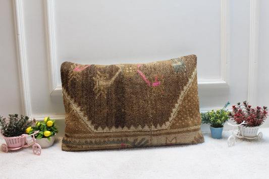Handmade Kilim Lumbar Pillow Cover: Brown Rug Pillow (16x24 in)