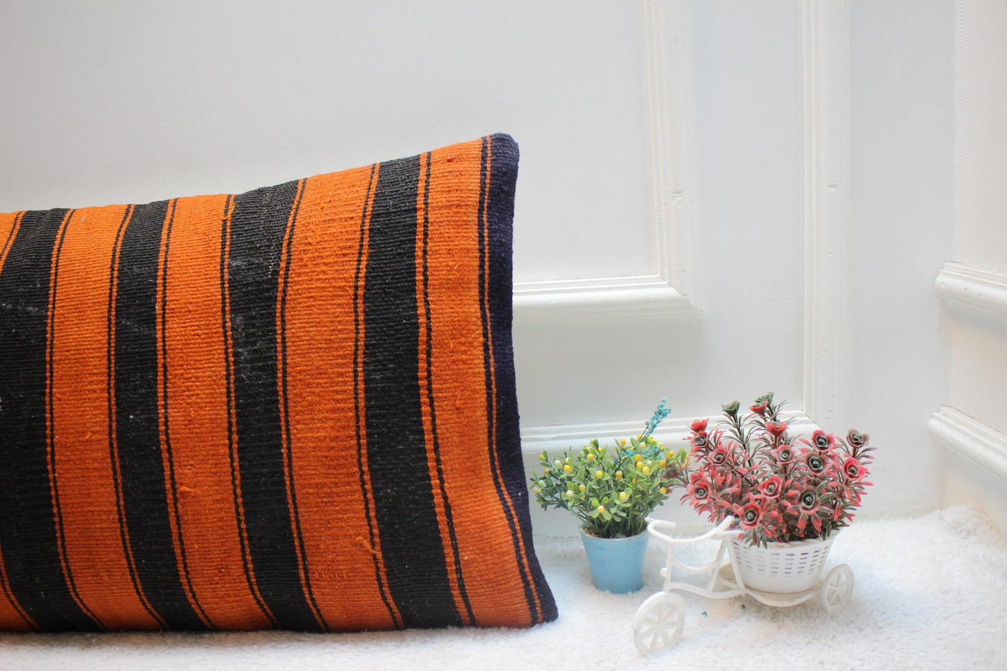 Striped Kilim Lumbar Pillow Cover: Black & Orange, Handmade Wool (16x24 Inc)