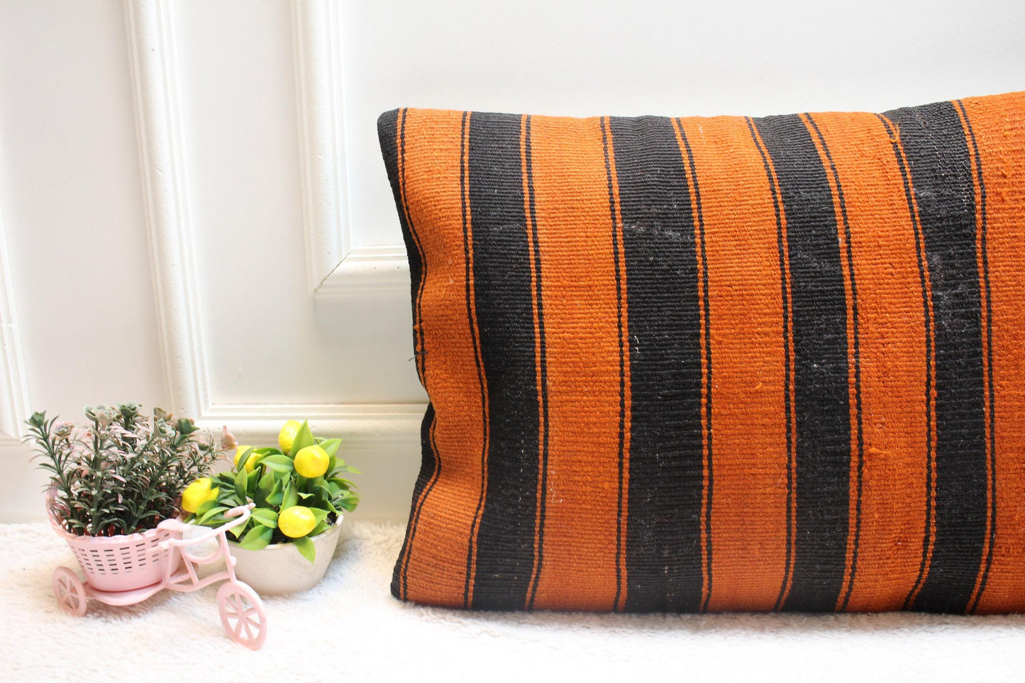 Striped Kilim Lumbar Pillow Cover: Black & Orange, Handmade Wool (16x24 Inc)