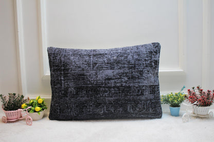 Gray Vintage Turkish Rug Lumbar Pillow Cover: 16x24 inch Wool Kilim Pillow