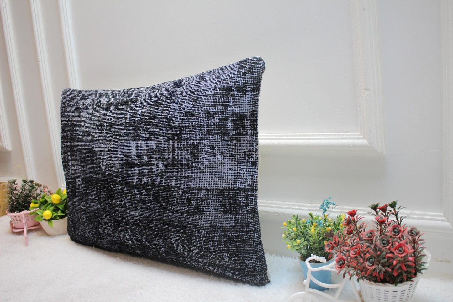 Gray Vintage Turkish Rug Lumbar Pillow Cover: 16x24 inch Wool Kilim Pillow