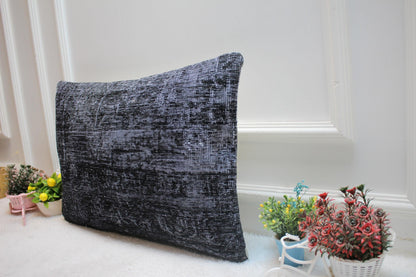 Gray Vintage Turkish Rug Lumbar Pillow Cover: 16x24 inch Wool Kilim Pillow