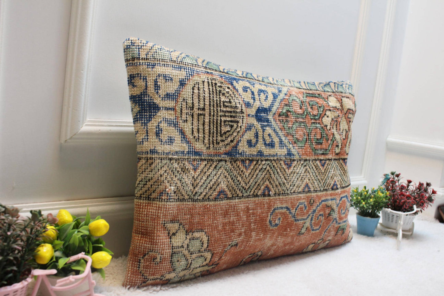 Ethnic Turkish Rug Lumbar Pillow Cover: Upcycled Kilim, 16x24 inch