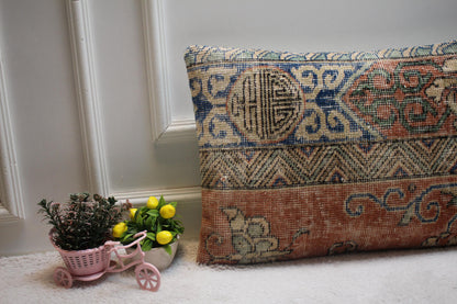Ethnic Turkish Rug Lumbar Pillow Cover: Upcycled Kilim, 16x24 inch
