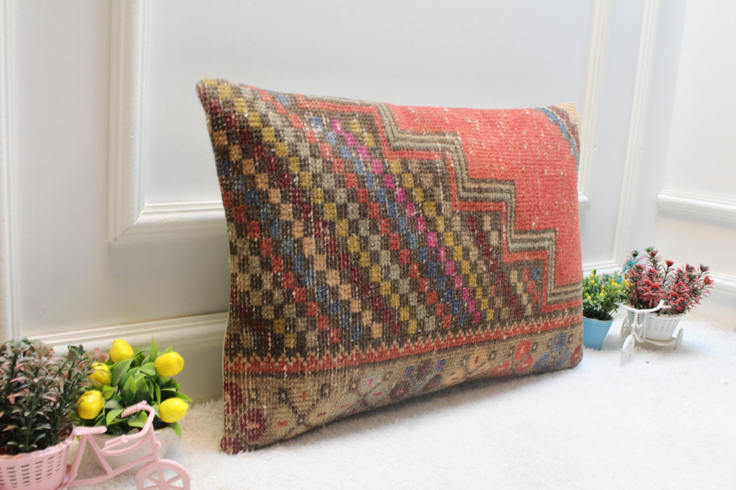 Handmade Red Kilim Lumbar Pillow Cover: Upcycled Rug, 16x24 inch