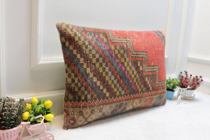 Handmade Red Kilim Lumbar Pillow Cover: Upcycled Rug, 16x24 inch