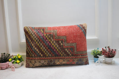 Handmade Red Kilim Lumbar Pillow Cover: Upcycled Rug, 16x24 inch