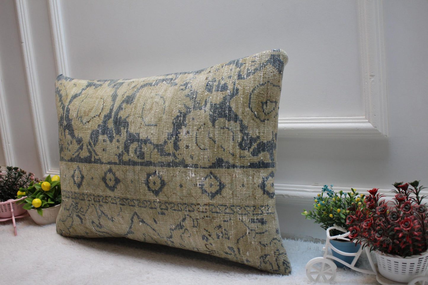 Handmade Kilim Lumbar Pillow Cover: Blue Beige Woven Rug, 16x24 inc