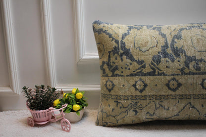 Handmade Kilim Lumbar Pillow Cover: Blue Beige Woven Rug, 16x24 inc
