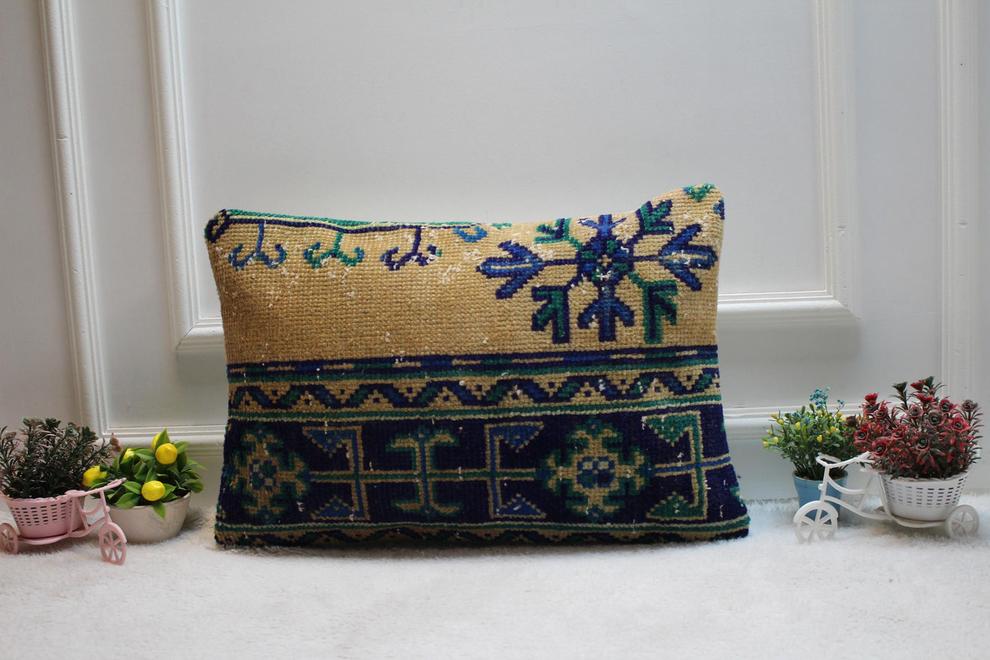 Handmade Kilim Lumbar Pillow Cover: Beige and Blue Rug Pillow (16x24 in)