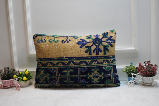 Handmade Kilim Lumbar Pillow Cover: Beige and Blue Rug Pillow (16x24 in)