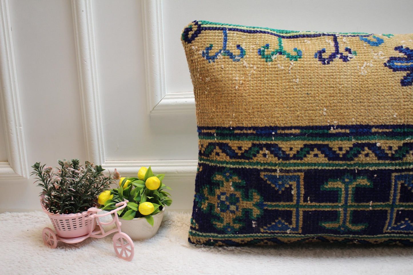 Handmade Kilim Lumbar Pillow Cover: Beige and Blue Rug Pillow (16x24 in)