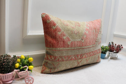 Handmade Kilim Lumbar Pillow Cover: Brown & Pink Organic Wool (16x24 in)