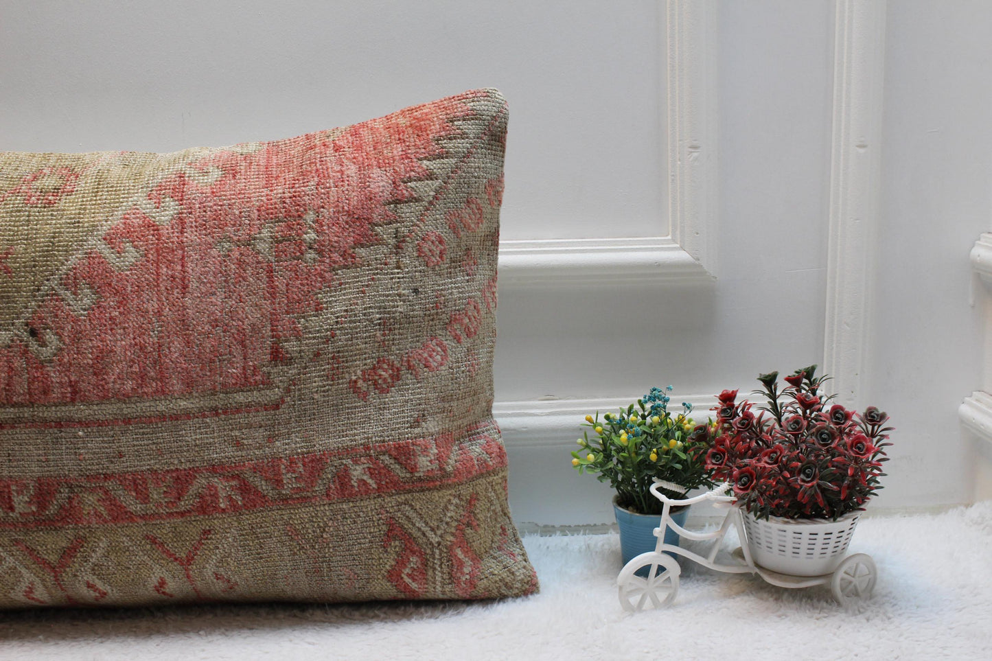 Handmade Kilim Lumbar Pillow Cover: Brown & Pink Organic Wool (16x24 in)