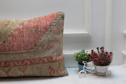 Handmade Kilim Lumbar Pillow Cover: Brown & Pink Organic Wool (16x24 in)