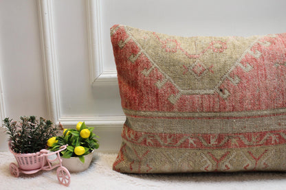 Handmade Kilim Lumbar Pillow Cover: Brown & Pink Organic Wool (16x24 in)