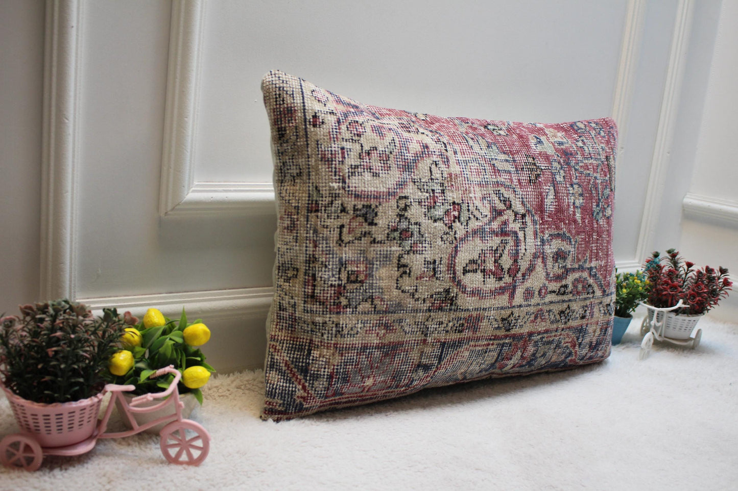 Handmade Kilim Lumbar Pillow Cover: Red Woven Rug, 16x24 inc