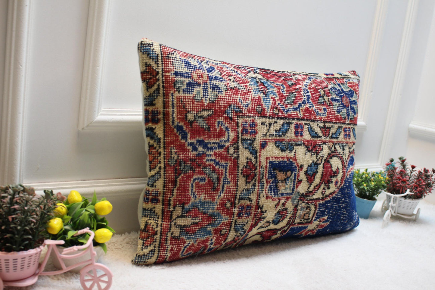 Vintage Kilim Pillow Cover: Red & Blue Wool, Anatolian Cushion (16x24 in)