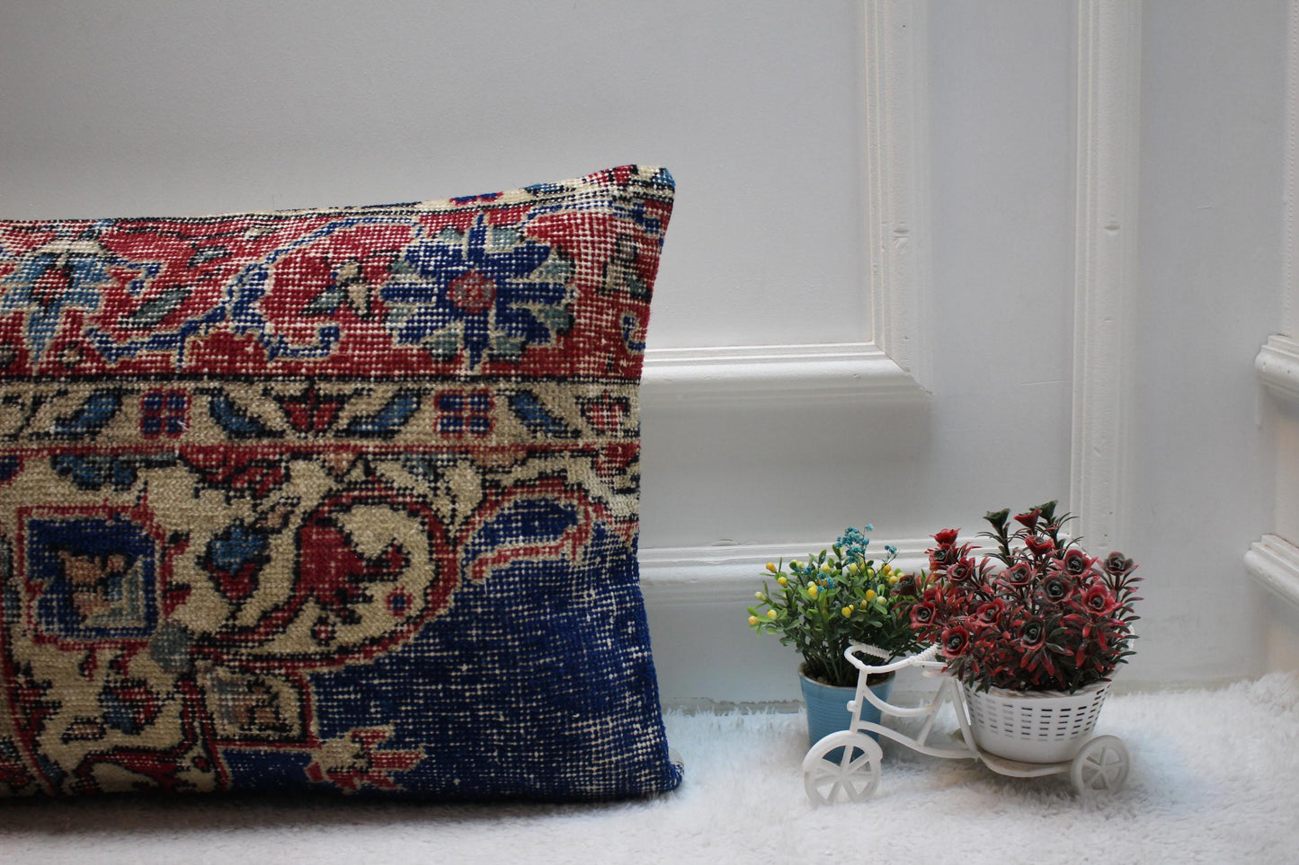 Vintage Kilim Pillow Cover: Red & Blue Wool, Anatolian Cushion (16x24 in)