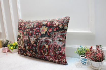 Handmade Kilim Lumbar Pillow Cover: Upcycled Woven Rug, Rustic Home Decor (16x24 in)