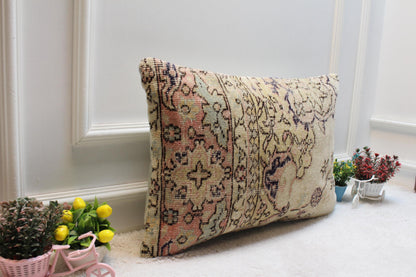 Vintage Turkish Rug Lumbar Pillow Cover: 16x24 Organic Wool Pillow Case