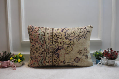 Vintage Turkish Rug Lumbar Pillow Cover: 16x24 Organic Wool Pillow Case
