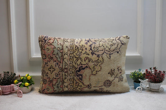 Vintage Turkish Rug Lumbar Pillow Cover: 16x24 Organic Wool Pillow Case