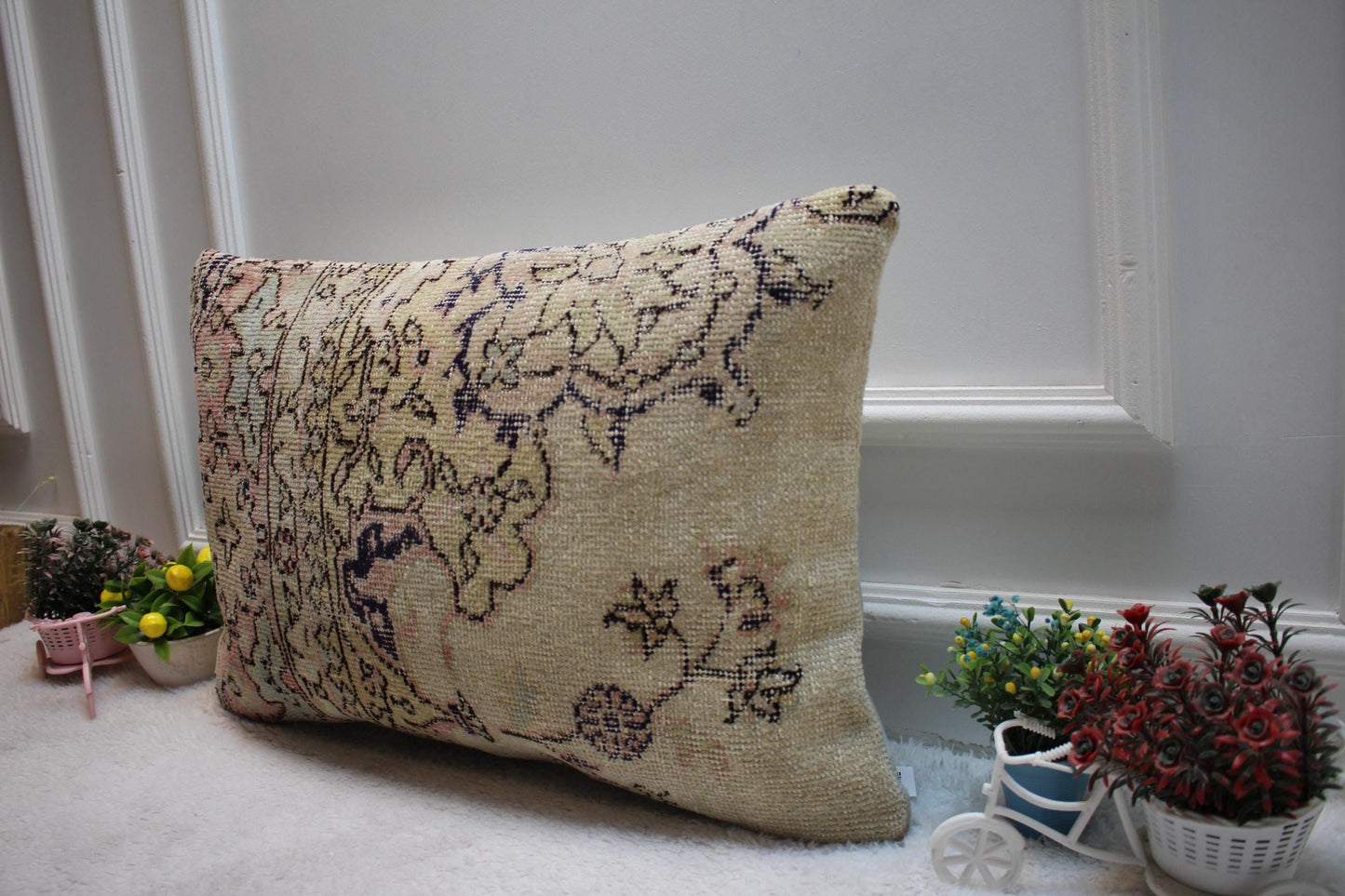 Vintage Turkish Rug Lumbar Pillow Cover: 16x24 Organic Wool Pillow Case