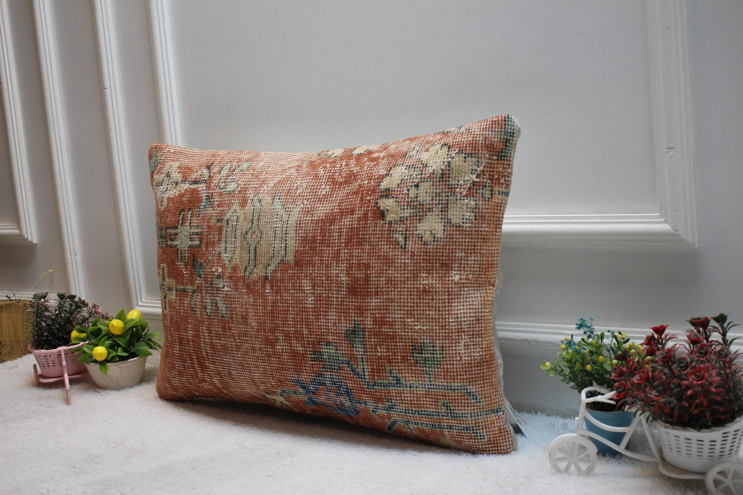 Handmade Kilim Lumbar Pillow Cover: Red Beige Vintage Rug Design (16x24 Inch)