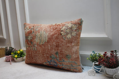 Handmade Kilim Lumbar Pillow Cover: Red Beige Vintage Rug Design (16x24 Inch)