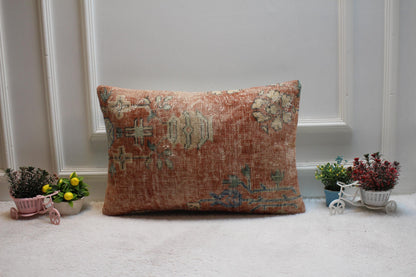 Handmade Kilim Lumbar Pillow Cover: Red Beige Vintage Rug Design (16x24 Inch)