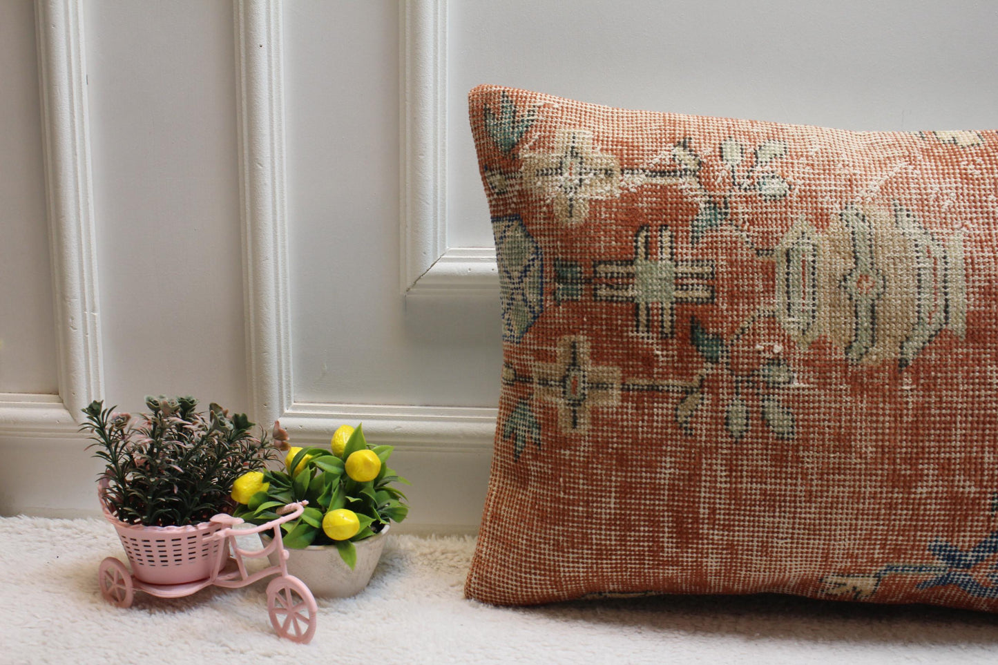 Handmade Kilim Lumbar Pillow Cover: Red Beige Vintage Rug Design (16x24 Inch)