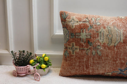 Handmade Kilim Lumbar Pillow Cover: Red Beige Vintage Rug Design (16x24 Inch)