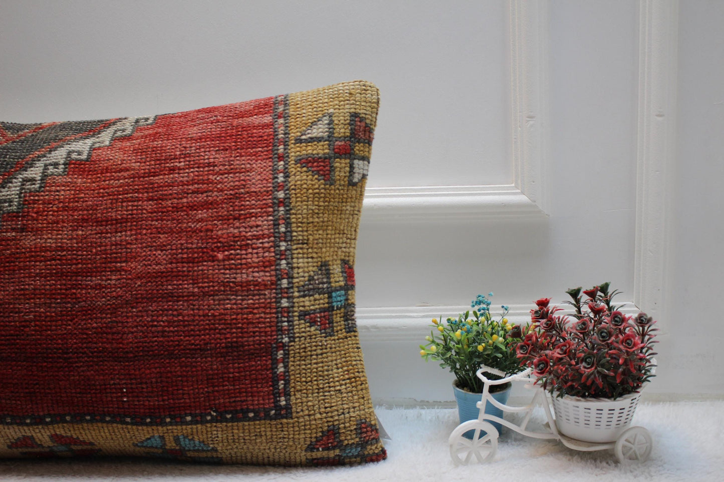Red Turkish Rug Lumbar Pillow Cover: Vintage Kilim, 16x24 inch