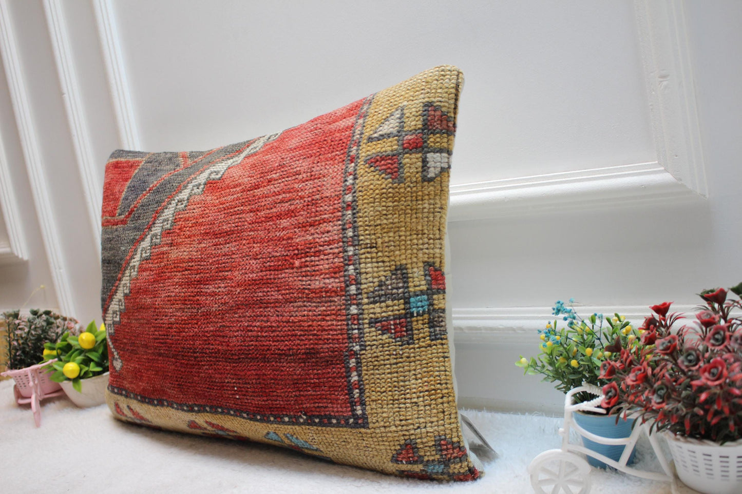 Red Turkish Rug Lumbar Pillow Cover: Vintage Kilim, 16x24 inch