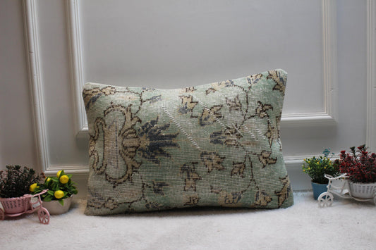 Vintage Turkish Rug Lumbar Pillow Cover: Green Beige Woven Wool (16x24in)