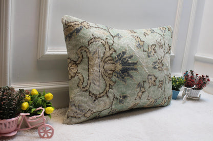Vintage Turkish Rug Lumbar Pillow Cover: Green Beige Woven Wool (16x24in)
