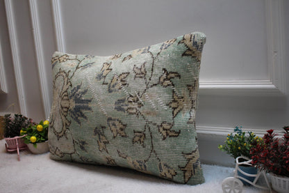Vintage Turkish Rug Lumbar Pillow Cover: Green Beige Woven Wool (16x24in)