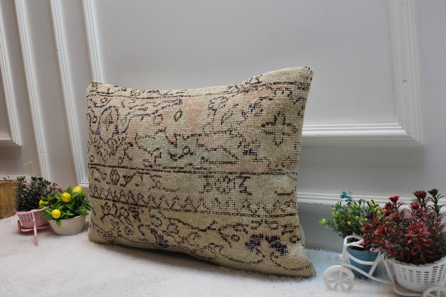 Handmade Turkish Rug Pillow Cover: Organic Wool Lumbar Cushion 16x24"