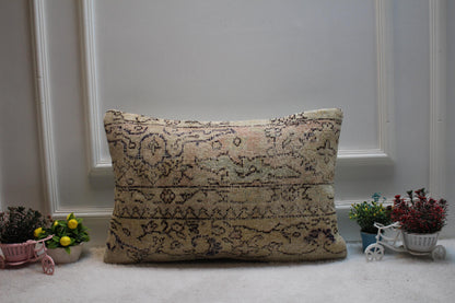 Handmade Turkish Rug Pillow Cover: Organic Wool Lumbar Cushion 16x24"