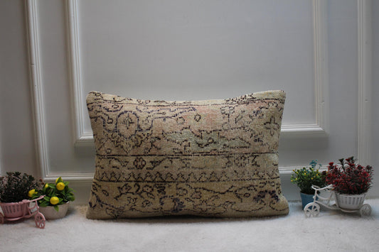 Handmade Turkish Rug Pillow Cover: Organic Wool Lumbar Cushion 16x24"