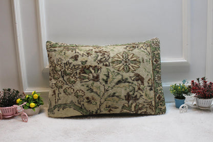 Handmade Beige & Green Kilim Lumbar Pillow Cover (16x24 inch)