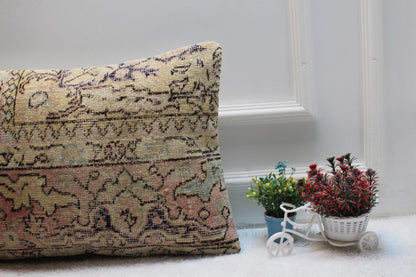 Handmade Kilim Pillow Cover: Upcycled Woven Rug, Beige Floral (16x24 inc)