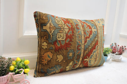 Floral Lumbar Pillow Cover: Handmade Turkish Rug, Organic Wool (16x24in)