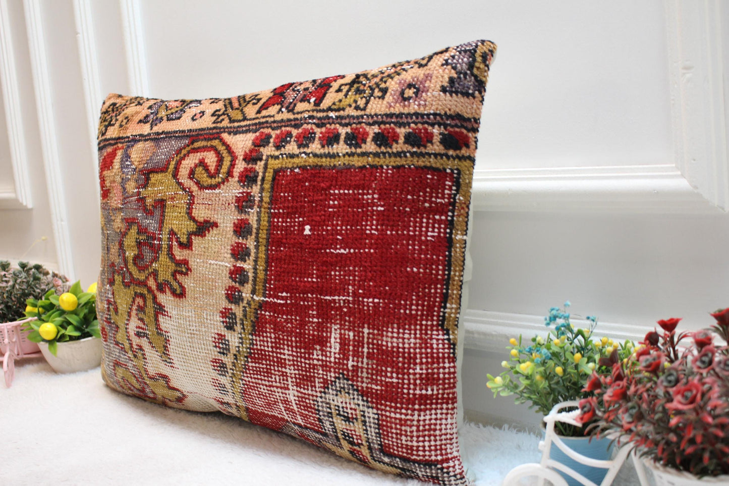 Handmade Turkish Rug Pillow Cover: Organic Wool Kilim, 16x24 inch