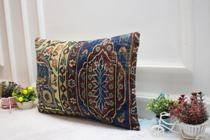 Vintage Turkish Rug Lumbar Pillow: 16x24 Wool Kilim Pillow Cover