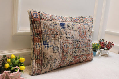 Vintage Turkish Rug Lumbar Pillow Cover: Upcycled Kilim Pillow Case (16x24 in)