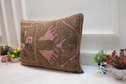 Handmade Turkish Kilim Lumbar Pillow Cover: Brown & Pink Rug Pillow (16x24 in)