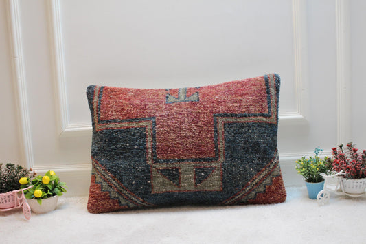 Vintage Turkish Rug Lumbar Pillow: Red & Black Home Decor (16x24 in)